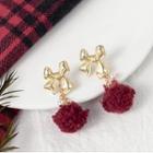 Bow Alloy Pom Pom Dangle Earring 1 Pair - S925 Silver Stud Earrings - Red & Gold - One Size