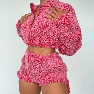 Set: Cropped Fluffy Zip Jacket + Shorts