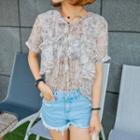 Short-sleeve Tie-front Ruffled Floral Chiffon Top