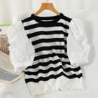 Puff-sleeve Striped Knit Top Stripes - Black - One Size