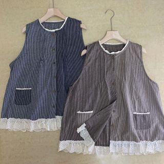 Plaid Lace Trim Button-up Vest