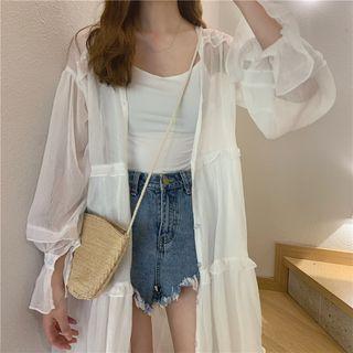 Puff-sleeve Frill Trim Chiffon Buttoned Light Jacket White - One Size