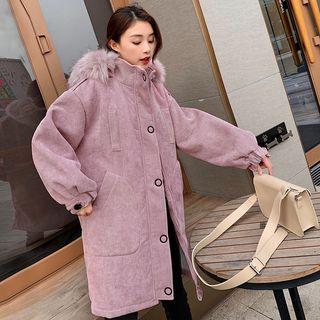 Long Furry-trim Buttoned Hooded Corduroy Jacket