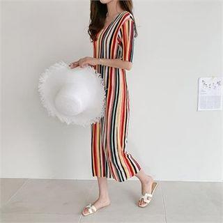 V-neck Striped Pleated Dress Black - One Size