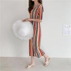 V-neck Striped Pleated Dress Black - One Size