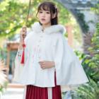 Floral Embroidered Furry Hood Cape As Shown In Figure - One Size