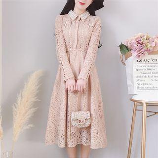 Beaded Long-sleeve Lace A-line Dress