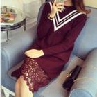 Chevron Lace Panel Long-sleeve Dress