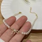 Rhinestone Bow Faux Pearl Bracelet Bracelet - Gold - One Size