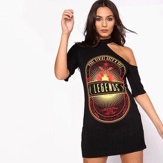 Printed Cut Out Shoulder Elbow Sleeve T-shirt Dress