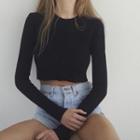 Plain Cropped Long-sleeve Knit Top