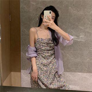 Floral Print Spaghetti-strap Midi A-line Dress / Plain Shirt