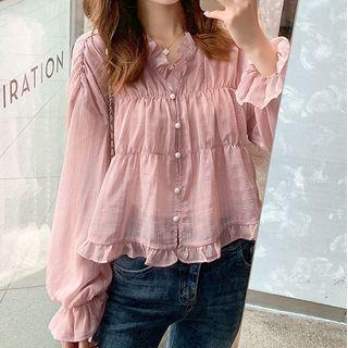 Set: Ruffle Trim Shirred Long-sleeve Blouse + Camisole Top