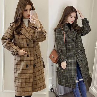 Double-breast Plaid Tweed Coat