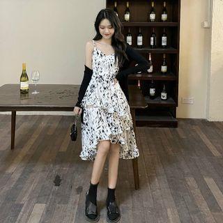 Spaghetti Strap Print Irregular Hem Midi A-line Dress White & Black - One Size
