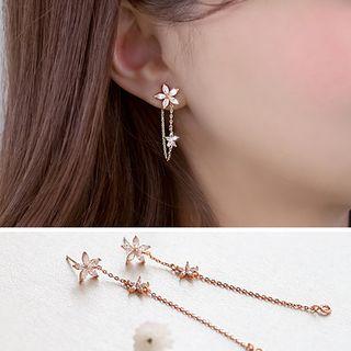 925 Sterling Silver Rhinestone Flower Chained Earring