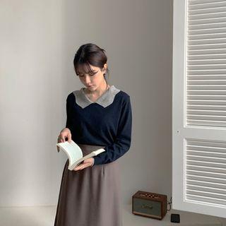 Contrast-collar Knit Top Navy Blue - One Size