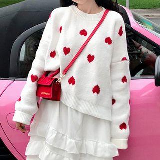 Heart Print Sweater / Plain Midi Layered Skirt / Wide Leg Pants