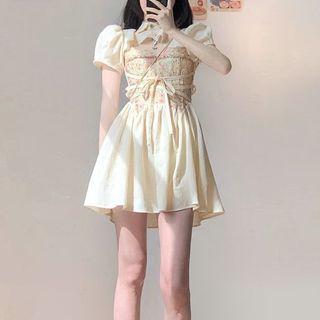 Spaghetti-strap Floral Panel Mini A-line Dress / Short-sleeve Cropped Blouse / Set