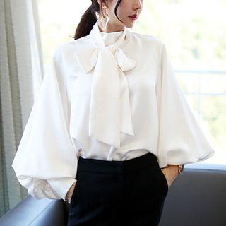 Puff-sleeve Tie-neck Chiffon Blouse