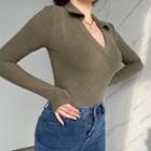 Long Sleeve Collar V-neck Ribbed-knit Sweater