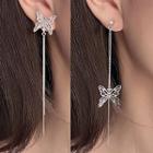 Butterfly Asymmetrical Dangle Earring With Ear Plug - 1 Pair - Asymmetry Butterfly Earring - Silver - One Size