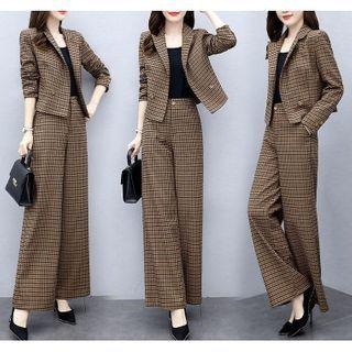 Set: Patterned Double-breasted Blazer + Wide Leg Pants