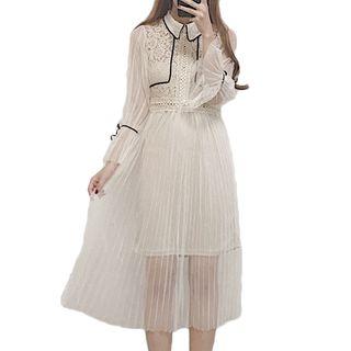 Set: Lace Panel Long-sleeve A-line Midi Dress + Strappy Dress