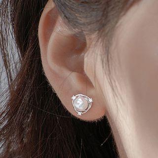 Faux Pearl Earring 1 Pair - With Back Stopper - Stud Earring - Pearl - Silver - One Size