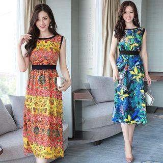 Floral Print Sleeveless Tie-waist Crewneck Chiffon A-line Sheath Dress