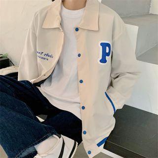 Collared Lettering Print Baseball Jacket