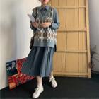 Pleated Long Sleeve Knit Polo Dress / V-neck Argyle Vest