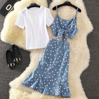 Set: Short-sleeve T-shirt + Polka Dot Camisole Top + A-line Midi Skirt