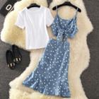 Set: Short-sleeve T-shirt + Polka Dot Camisole Top + A-line Midi Skirt
