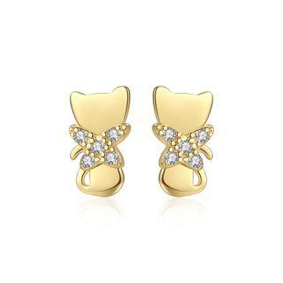 Sterling Silver Plated Gold Fashion Cute Cat Stud Earrings With Cubic Zirconia Golden - One Size
