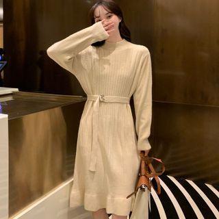 Plain Knit Belted Midi A-line Dress