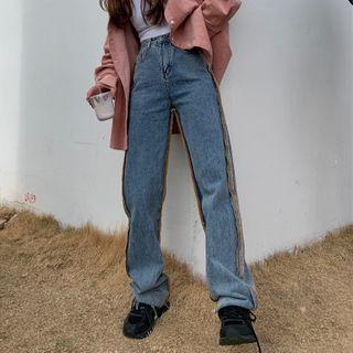 High-waist Contrast Trim Straight Leg Jeans