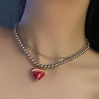 Heart Pendant Layered Necklace Red - One Size
