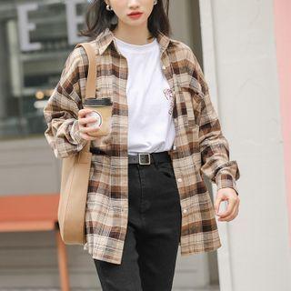 Long-sleeve Plaid Shirt Plaid - Almond & Coffee - One Size