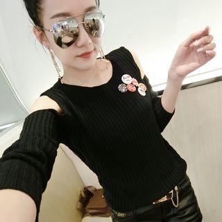 Long-sleeve Ribbed Cutout Shoulder Sweater