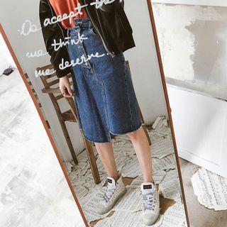 Button-detail Denim Asymmetric-hem Skirt