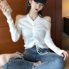Long-sleeve Cut Out Drawstring Knit Top