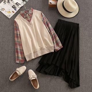 Set: Mock Two Piece Pullover + Midi A-line Skirt