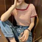 Square-neck Short-sleeve Striped T-shirt Stripe - Red - One Size