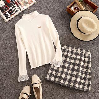 Set: Lace Panel Long-sleeve Knit Top + Checked A-line Skirt