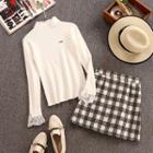 Set: Lace Panel Long-sleeve Knit Top + Checked A-line Skirt