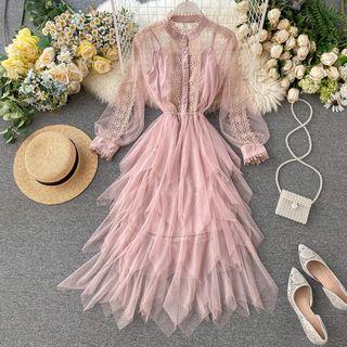 Lace Trim Long-sleeve Layered Midi Mesh Dress