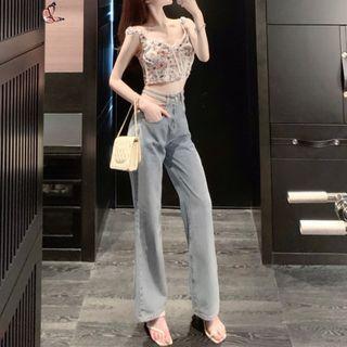 High Waist Straight Leg Jeans / Floral Crop Camisole Top