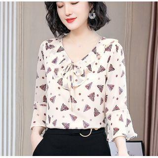 Elbow Sleeve V-neck Print Chiffon Blouse
