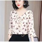Elbow Sleeve V-neck Print Chiffon Blouse